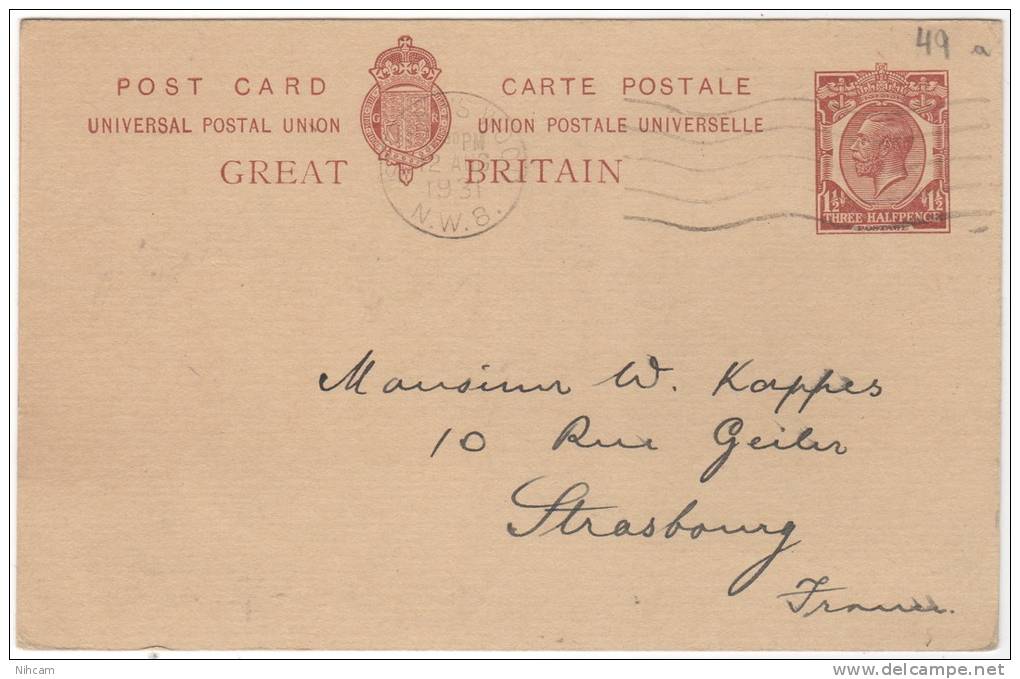 PS  CP UPU Obl. N.W.8  1931 Pour STRASBOURG FRANCE  TB - Entiers Postaux