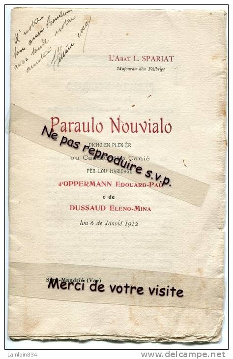 - Paroulo Nouvialo, Discours, De Léon SPARIAT, Majoura Dou Felibrige, Janvier 1912, Saint-Mandrié, Dédicace ? - Autres & Non Classés