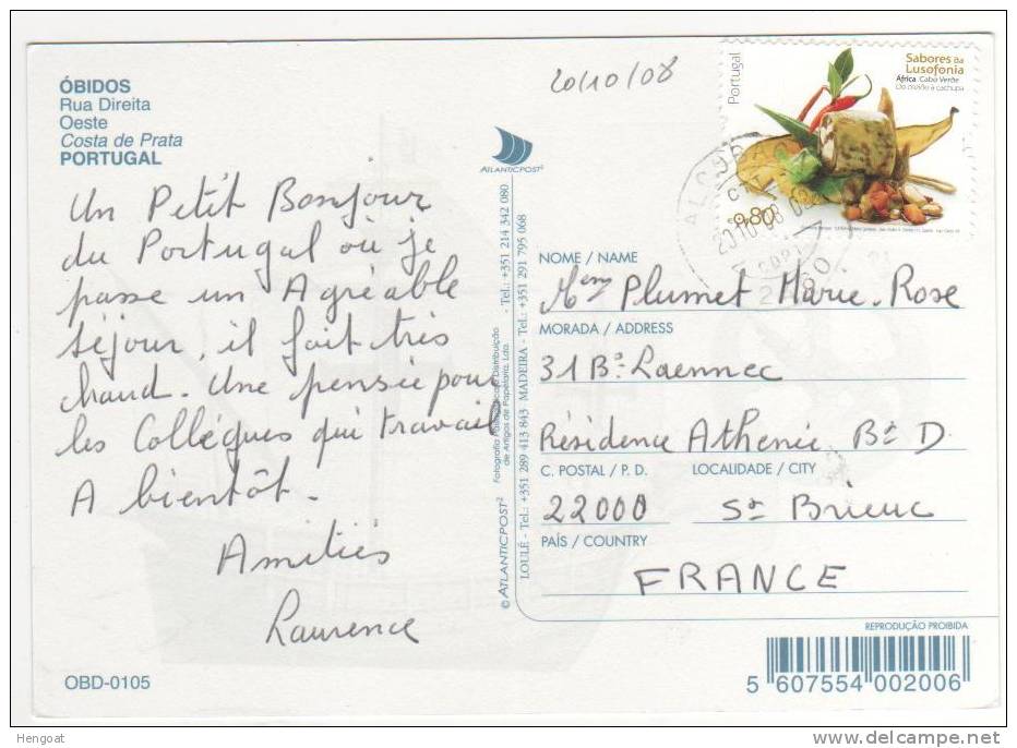 Timbre Thème " Fruits " / Carte  Du  20/10/08 Pour La  France - Brieven En Documenten