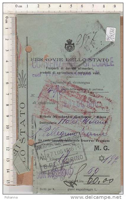 PO1927B# FERROVIE DELLO STATO - TAGLIANDO SPEDIZIONE Per HOTEL MILANO - PELLEGRINO TERME 1916/TRASPORTI TRENO - Europe