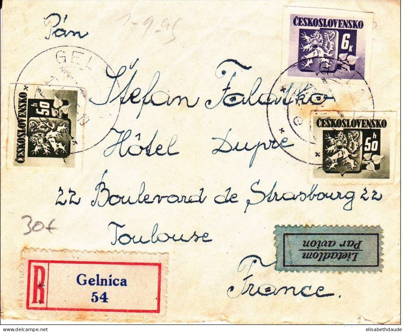 TCHECOSLOVAQUIE - 1945 - ENVELOPPE RECOMMANDEE Par AVION De GELNICA Pour TOULOUSE - Brieven En Documenten