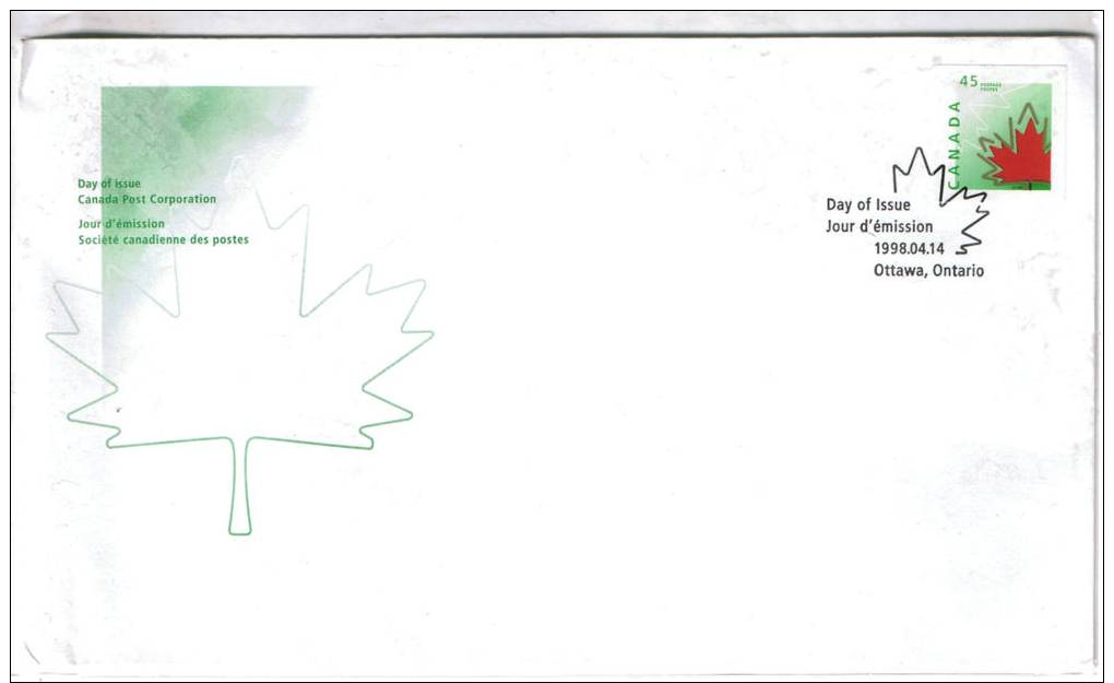 CANADA 1998. FDC.LA FEUILLE D´ERABLE. 45 CENTS TIMBRE AUTOCOLLANT - 1991-2000