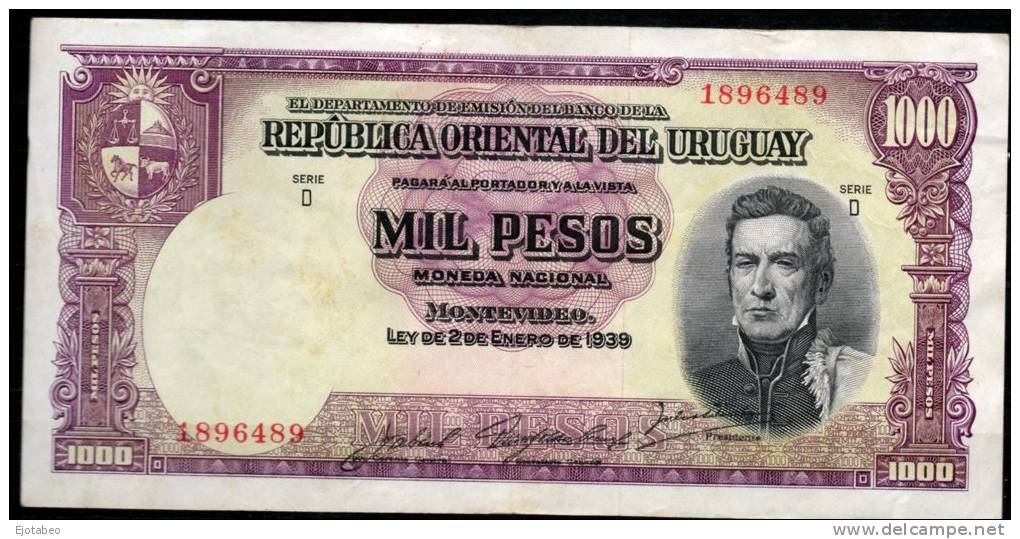 7 URUGUAY -Emitidos Desde 1939 A 1966- Bill. Nº 40-Bco. República O.del Uruguay-1 Bill. De 1000 Term. Nº 489 - Uruguay