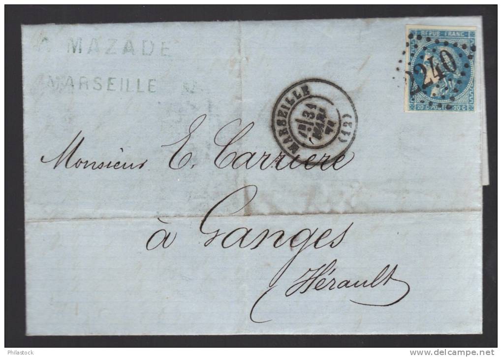FRANCE N° 46 Obl. (défaut) S/Lettre Entiére - 1870 Bordeaux Printing
