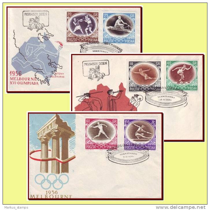 Poland 1956 - Melbourne Olympics 3 FDC, Mi 984-989 - Verano 1956: Melbourne