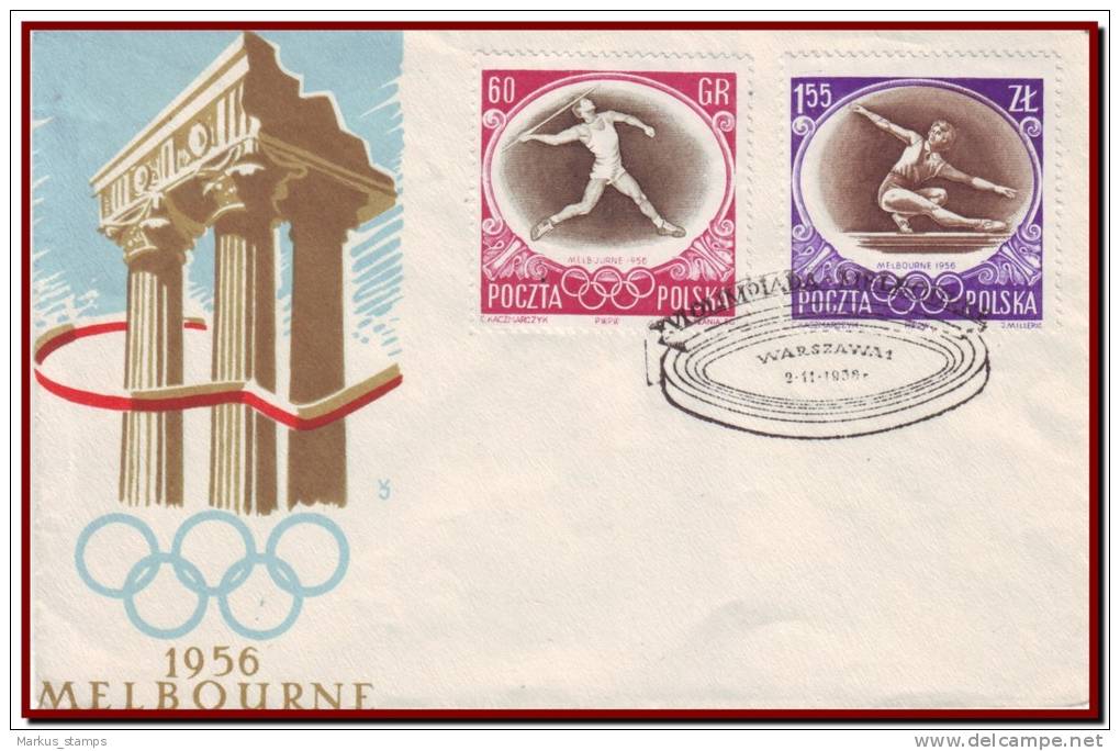 Poland 1956 - Melbourne Olympics 3 FDC, Mi 984-989 - Summer 1956: Melbourne