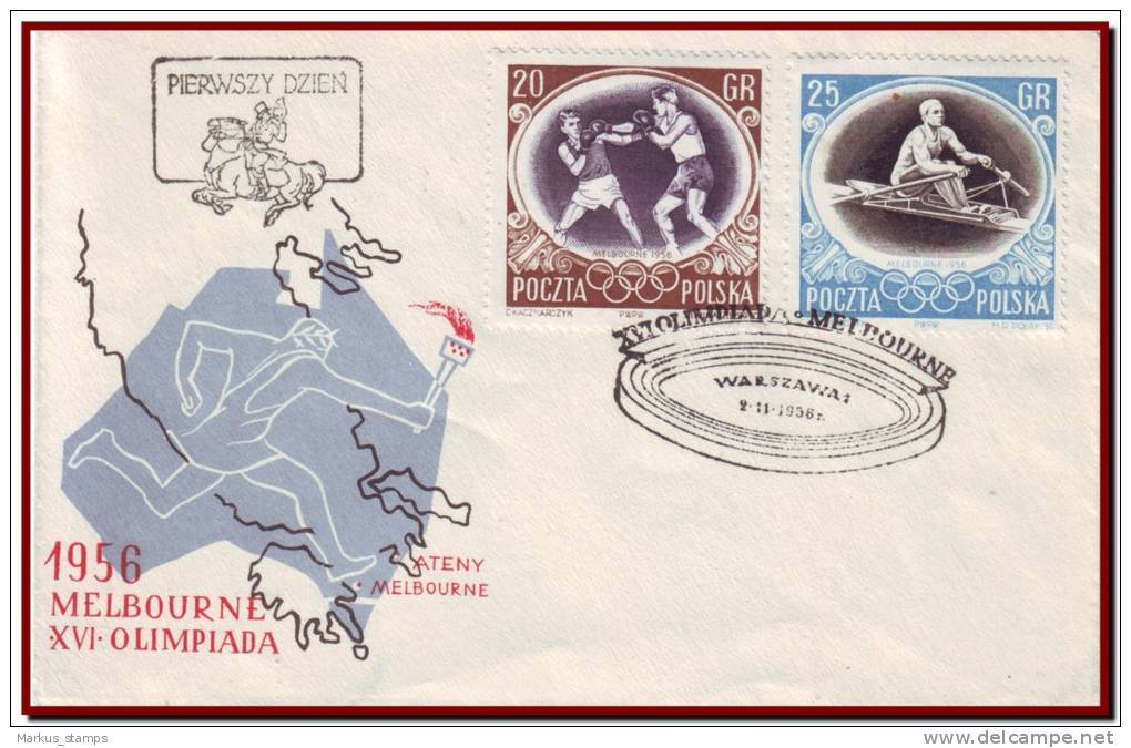 Poland 1956 - Melbourne Olympics 3 FDC, Mi 984-989 - Ete 1956: Melbourne