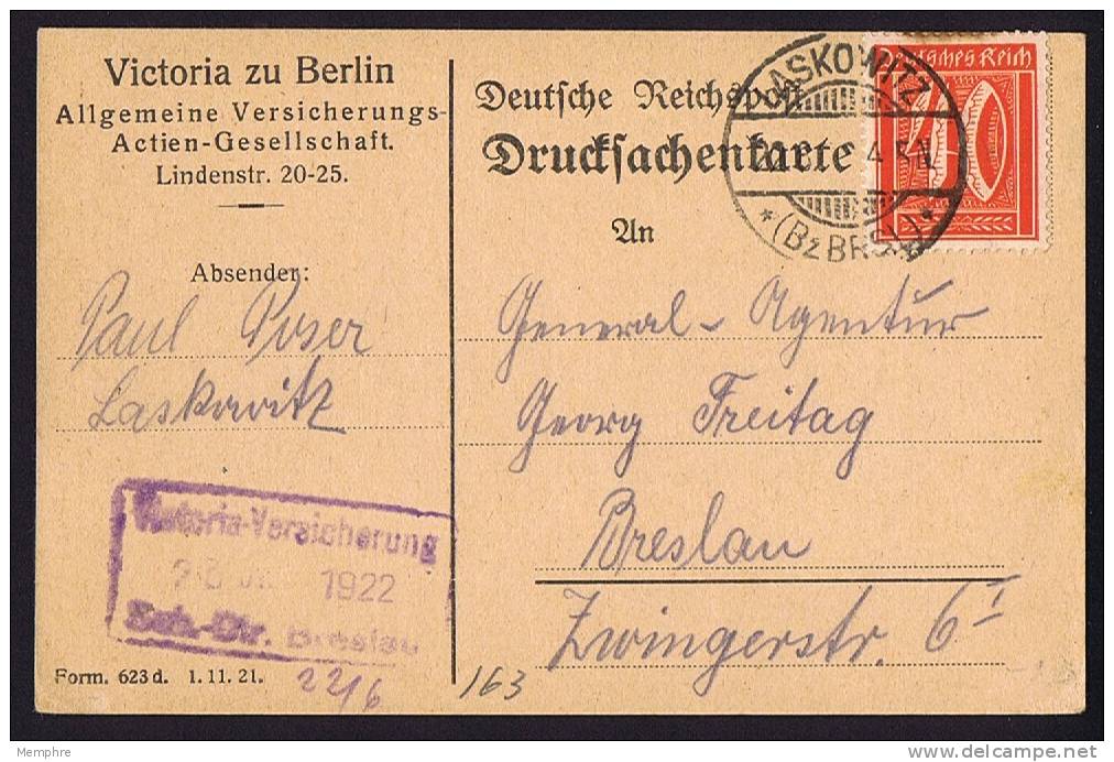 Jan. 1922  MiNr 182 EF Von Laskowitz - Briefe U. Dokumente