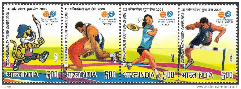 Badminton, Wrestling, Athletics,  Tiger, Emblem, Mascot, Commonwealth Games, India,setenant Strip, Big Cat, Wild Animal - Badminton