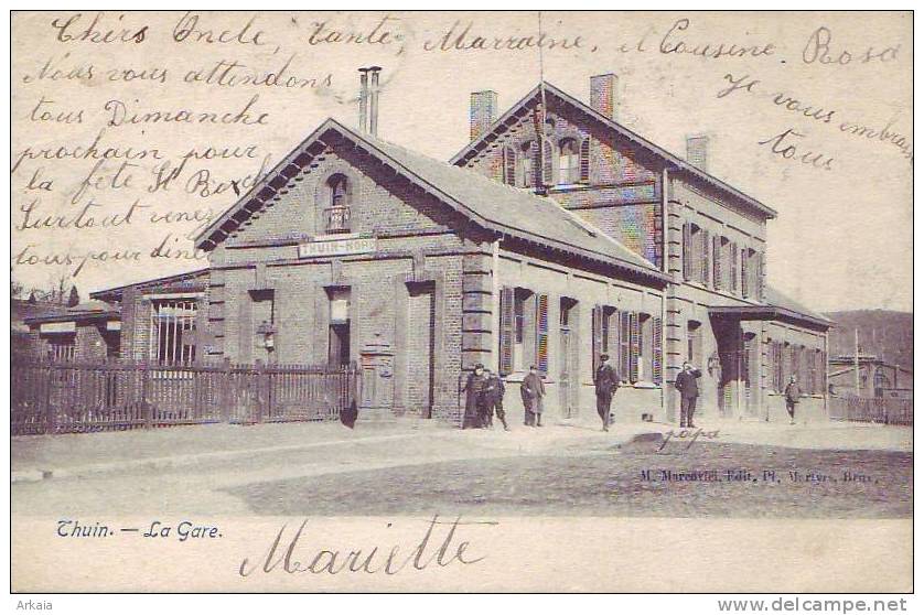 THUIN = La Gare - Carte Animée (écrite) 1905 - Thuin