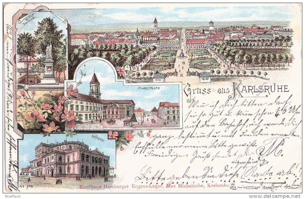Gruss Aus Karlsruhe Color Litho Markt Theater Gesamt Denkmal 2.11.1897 Vorläufer - Karlsruhe