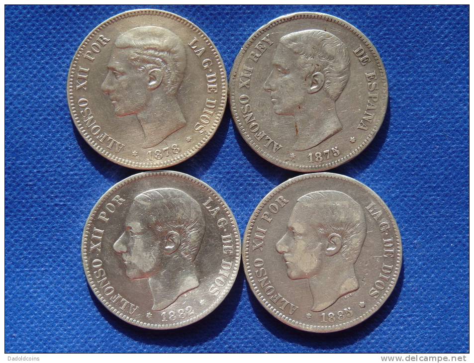 España Spain Lot 4 X 5 Pesetas Alfonso XII 1875-78-82-85 , 4x25g Plata Silver Argent 0,900.  V. Fotos - Colecciones