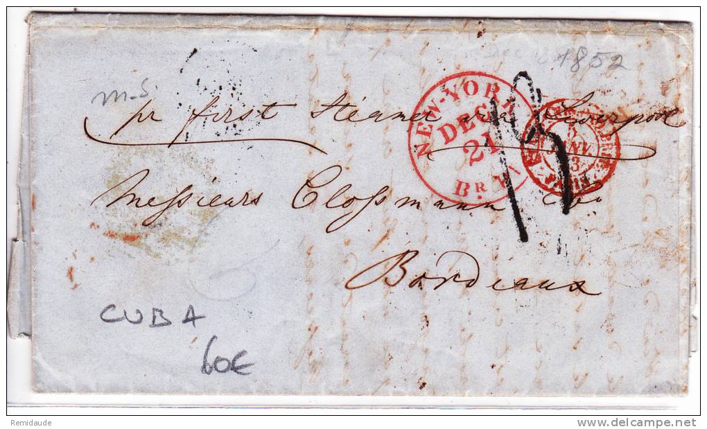 CUBA - 1853 -  RARE LETTRE De LA HAVANE Pour BORDEAUX - CACHET D'ENTREE EN FRANCE Par PAQUEBOT ANGLAIS - Préphilatélie