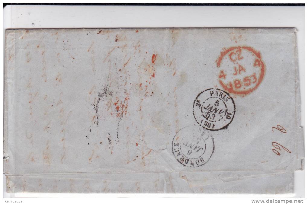 CUBA - 1853 -  RARE LETTRE De LA HAVANE Pour BORDEAUX - CACHET D'ENTREE EN FRANCE Par PAQUEBOT ANGLAIS - Préphilatélie