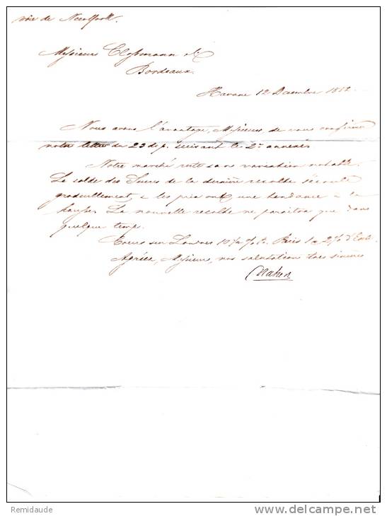 CUBA - 1853 -  RARE LETTRE De LA HAVANE Pour BORDEAUX - CACHET D'ENTREE EN FRANCE Par PAQUEBOT ANGLAIS - Préphilatélie