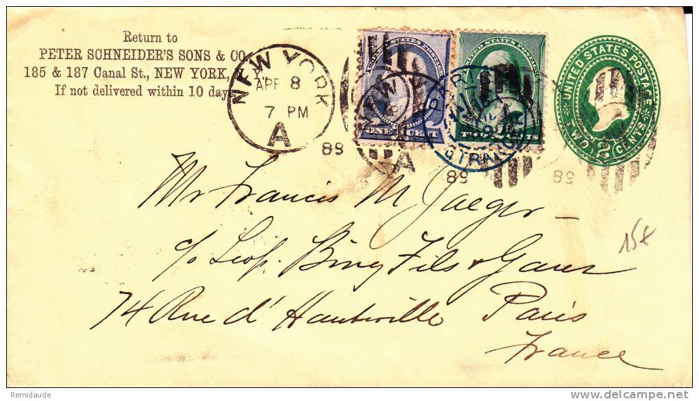 USA - 1889 - ENVELOPPE ENTIER Avec REPIQUAGE De NEW YORK Pour PARIS - - ...-1900