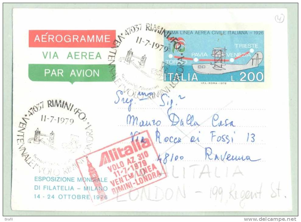 1979 Italia, Ventennale Linea Volo Alitalia Rimini - Londra - 1971-80: Storia Postale