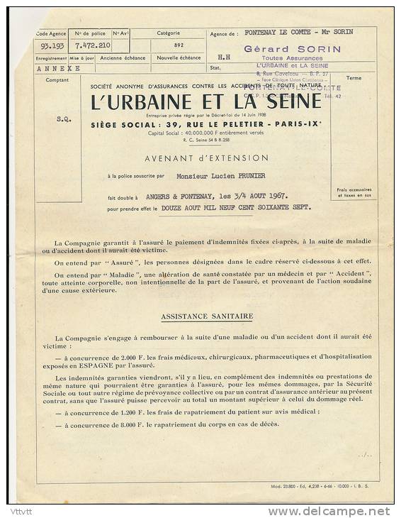 Assurance Voiture (1967), L´Urbaine De La Seine, AM Citroen, Transit-Espagne, Gérard Sorin, Fontenay-le-Comte... - Bank & Insurance