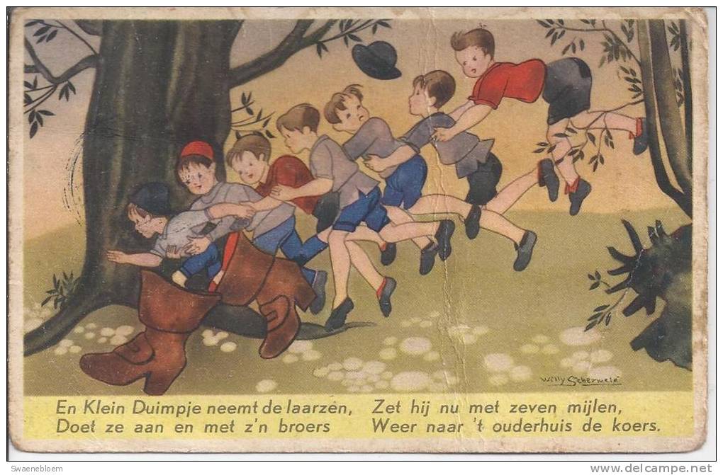 NL.- Klein Duimpje Met De Zevenmijls Laarzen Vlucht Met Zijn Broers. Willy Schermele. - Fairy Tales, Popular Stories & Legends