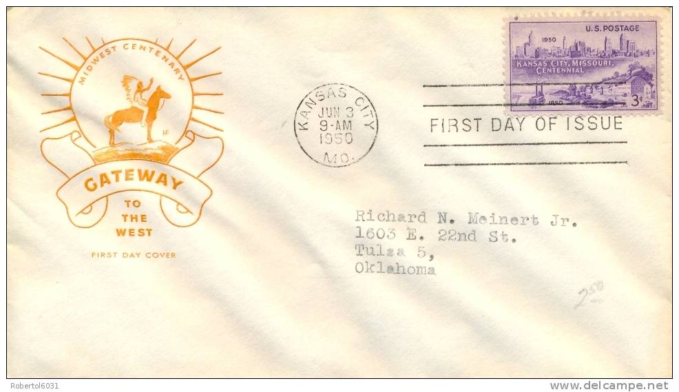 USA 1950 FDC 100th Anniversary Incorporation Of Kansas City - 1941-1950