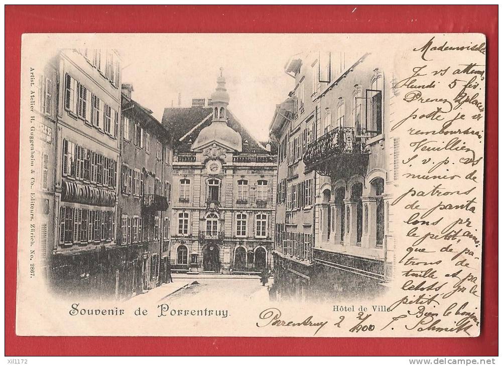 X0264 Souvenir De Porrentruy, Hôtel De Ville  Précurseur,Cachet Porrentruy Et Charmoille 1900.Guggenheim 2867 - Porrentruy