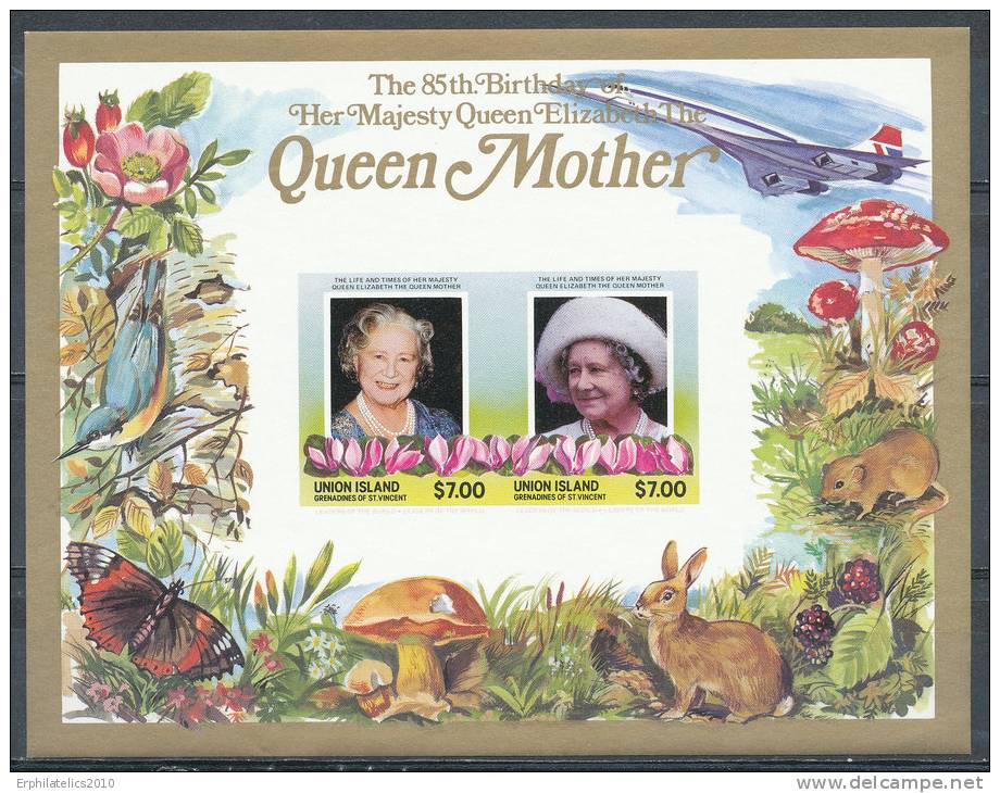 ST.VINCENT GRENADINES BEQUIA ISL 2002 QUEEN MOTHER M/S OF 2 IMPERF RARE! NL VF MNH - St.Vincent E Grenadine