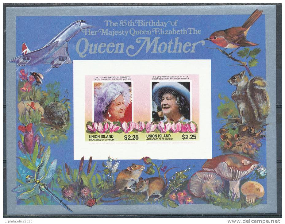 ST.VINCENT GRENADINES UNIION  ISL 2002 QUEEN MOTHER 2  M/S OF 2 IMPERF RARE! NL VF MNH - St.Vincent & Grenadines