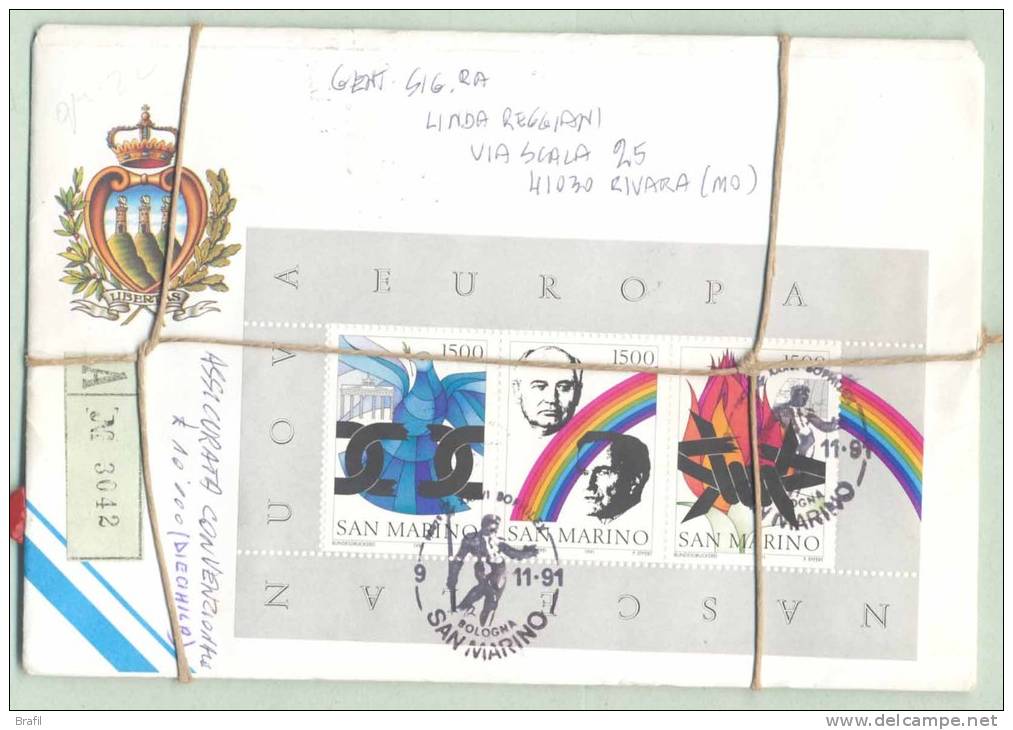 1991 San Marino, Foglietto Nuova Europa Su Lettera Assicurata Per Rivara (MO) - Storia Postale