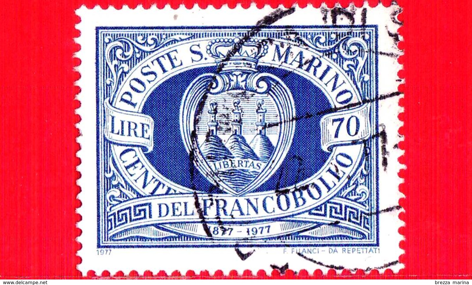 SAN MARINO - Usato - 1977 - Centenario Dei Primi Francobolli Di San Marino - 70 L. &bull; Colli Di San Marino Entro Una - Usados