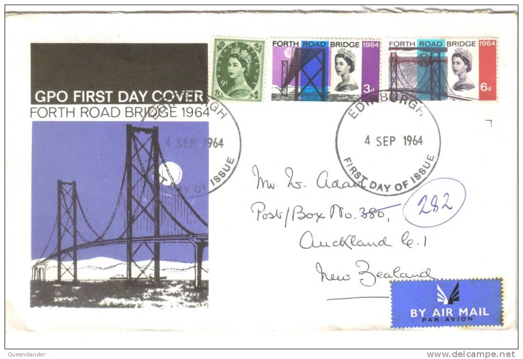 FDC 1964 Forth Road Bridge Set 2 + 9d Queens Head  Addressed To New Zealand Roughly Opened - 1952-71 Ediciones Pre-Decimales