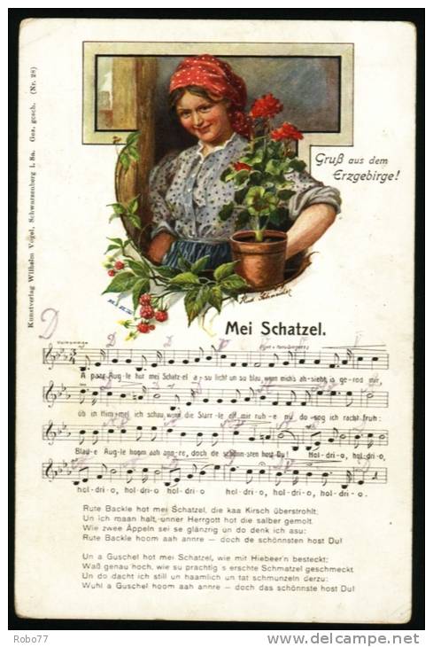 Postcard Germany. Grus Aus Dem Erzgebirge. Music, Song, Woman. (T57003) - Musica