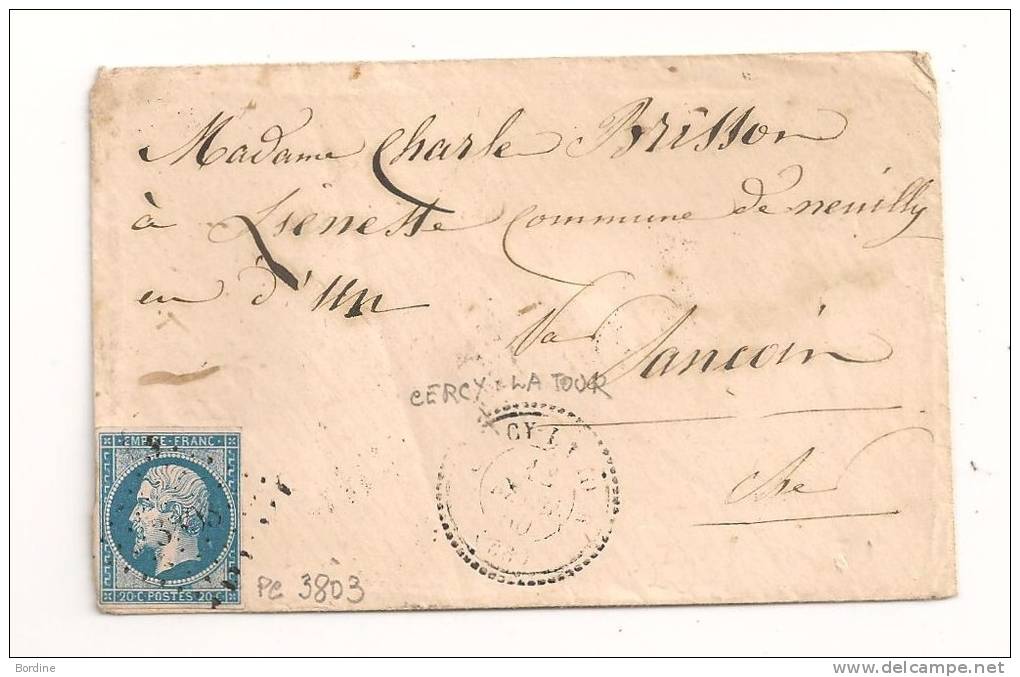 Lettre - NIEVRE - CERCY La TOUR - PC.3803 + Càd Perlé Au Type 22 De 1860 - TB - 1853-1860 Napoléon III