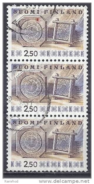 FINLAND 1976 Traditional Finnish Arts - 2m50 Cheese Frames  FU BLOCK OF 3 - Used Stamps