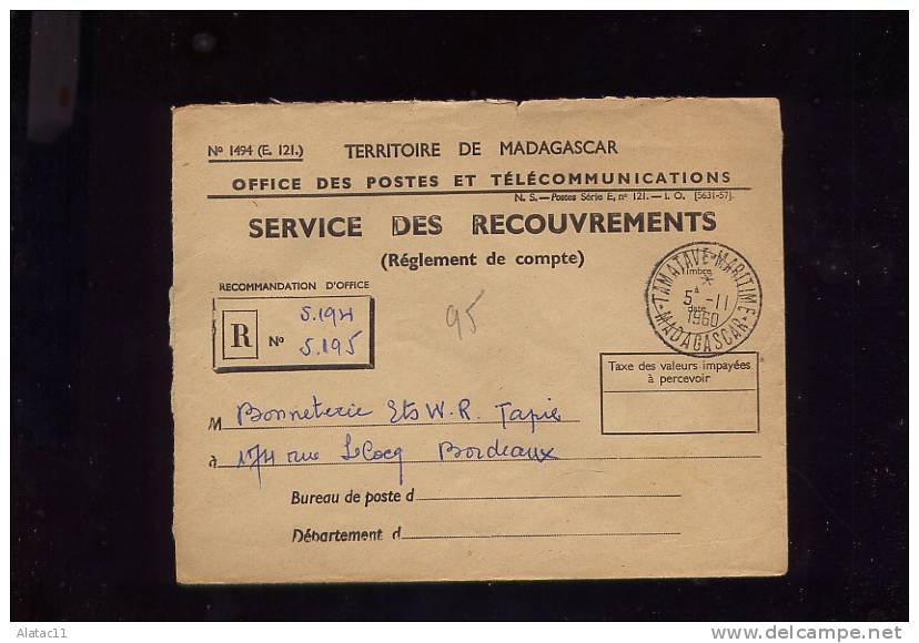 ENVELOPPE  VALEUR  A  RECOUVRER  1960 - Madagascar (1960-...)