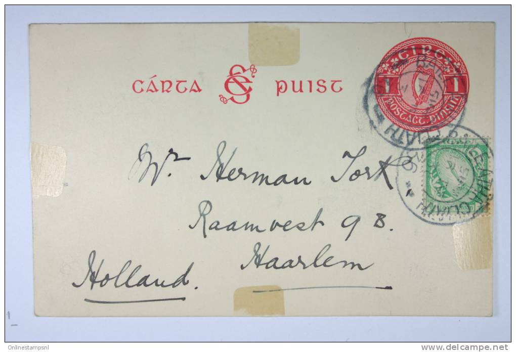 Ireland : Upgrated Postcard 1925-31, Michel P2 With Additional Stamp, Used In 1938 To Haarlem Holland - Postwaardestukken