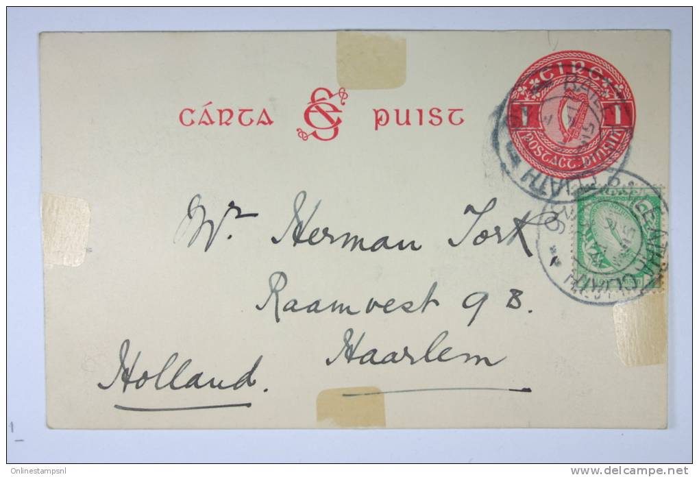 Ireland : Upgrated Postcard 1925-31, Michel P2 With Additional Stamp, Used In 1938 To Haarlem Holland - Enteros Postales