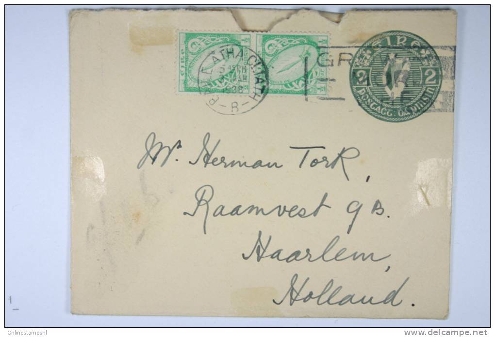 Ireland : Upgraded Stationary Cover Michel U7 Tyoe VIII With Additional Stamps, Used In 1938 To Haarlem Holland - Interi Postali