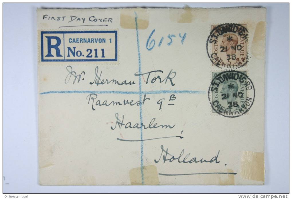 UK: First Day Cover 21 Nov 1938 4+5 P SG 468/469, Registered To Haarlem Holland CV UKP 60 - ....-1951 Vor Elizabeth II.