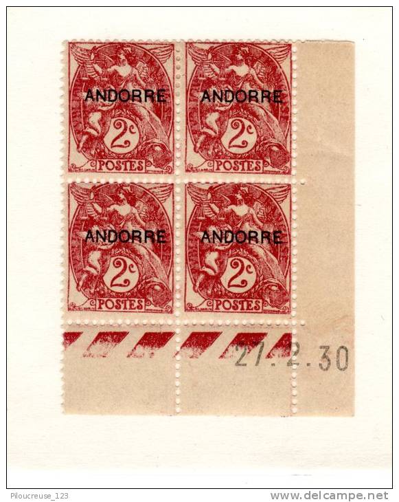 ANDORRE  - Bloc  Coin Daté De 4 Timbres Y&amp;T N° 3 *  Du 27/02/1930 - Surcharge " ANDORRE " - Blokken & Velletjes