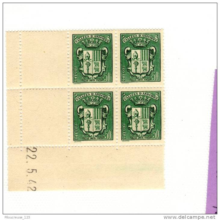 ANDORRE  - Bloc  Coin Daté De 4 Timbres Y&amp;T N° 58 **  Du 22/05/1942 - - Blokken & Velletjes