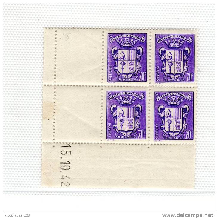 ANDORRE  - Bloc  Coin Daté De 4 Timbres Y&amp;T N° 60 **  Du 15/10/1942 - - Blocks & Kleinbögen