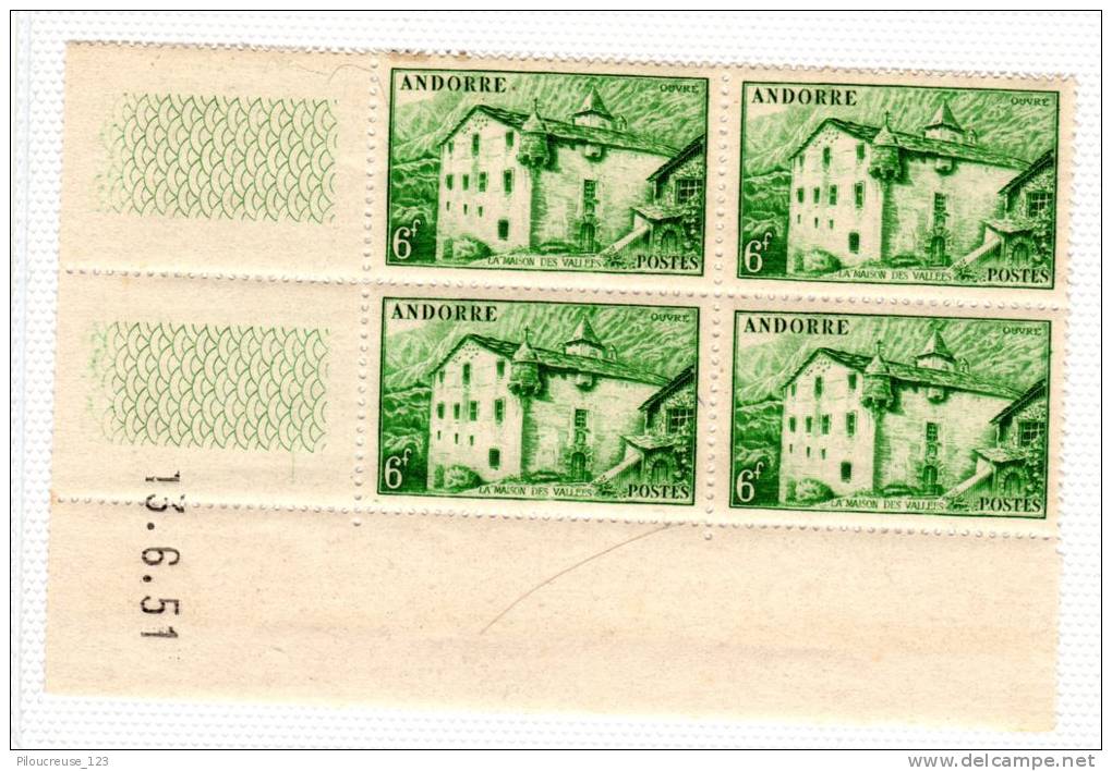 ANDORRE  - Bloc  Coin Daté De 4 Timbres Y&amp;T N° 126 **  Du 13/06/1951 - - Blocks & Kleinbögen