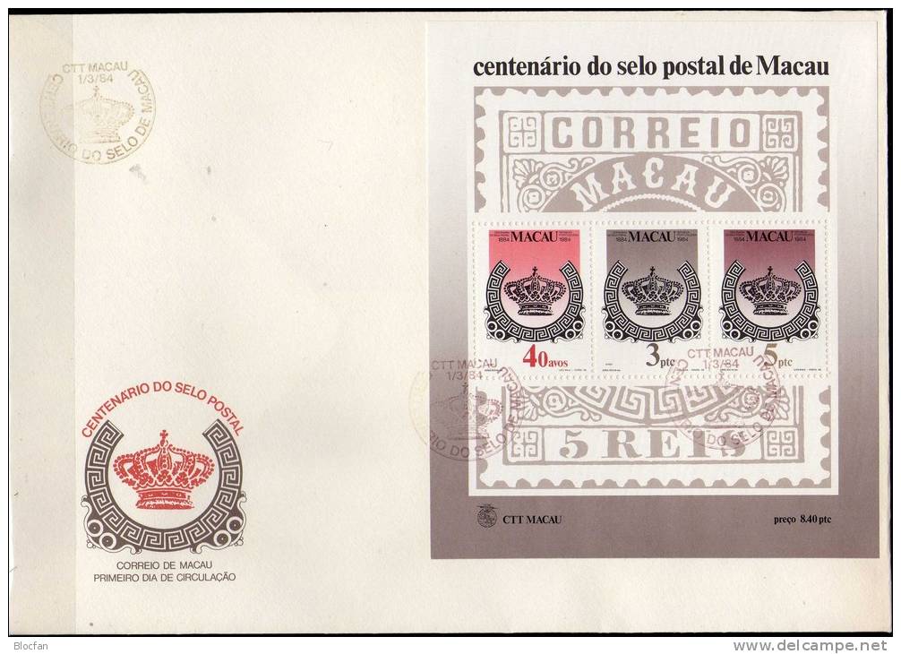 BMA 1984 100 Jahre Briefmarken MACAU Block 2 Auf FDC 100€ Mit SST Krone Stamp On Stamp Bloc Philatelic Sheet Bf Of Macao - Brieven En Documenten