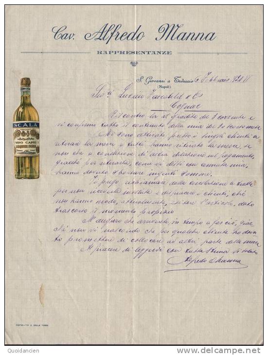 Belle Facture Du 06/02/1928 ALFREDO MANNA - Représentant -  S Giovanni A Teduccio - Napoli - Italie - FOUCAULT à Cognac - Italie