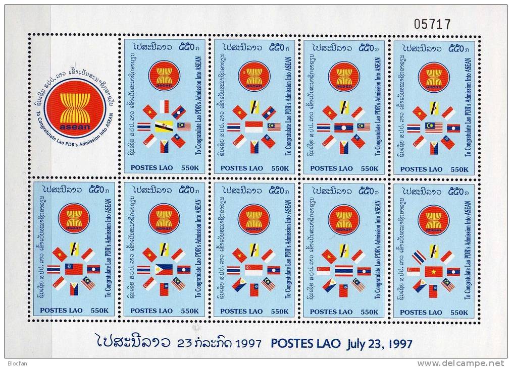 ASEAN-Konferenz 1998 Wat Phu Temple Laos 1623/1 Im 10-KB ** 17€ Emblem Mittig Flagge Der Teilnehmer Flag Sheetlet Of Lao - Moskeeën En Synagogen