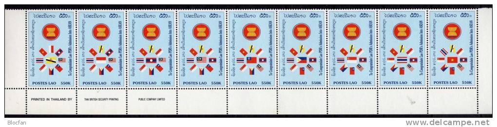 ASEAN-Konferenz Und Emblem 1998 Laos 1623/1 Mit DV Als 9-ZD ** 17€ Je Mittig Flagge Der Teilnehmer Flag Se-tenant Of Lao - Joint Issues