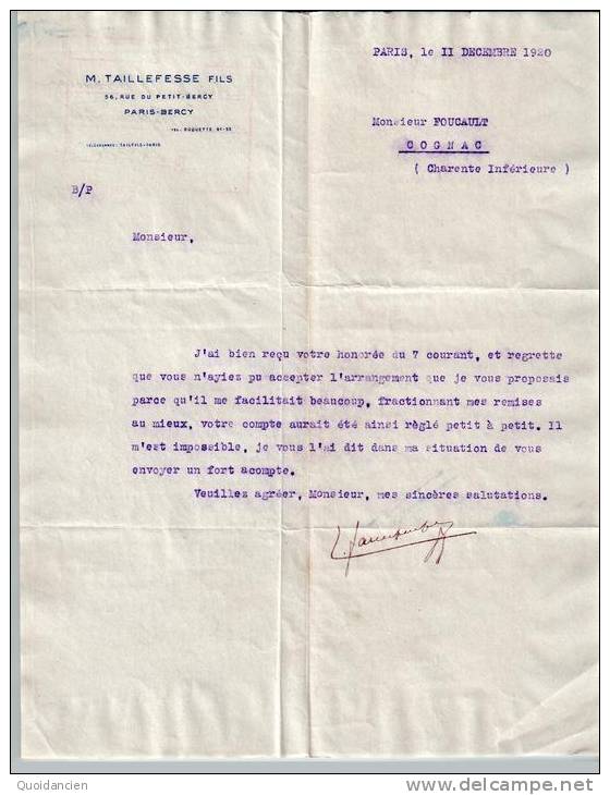 Lettre Du 11/12/1920 - M. TAILLEFESSE Fils - PARIS - à Mr FOUCAULT - COGNAC - Italie