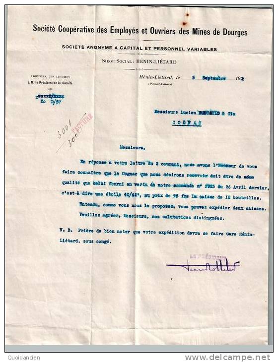 Lettre 05/09/1922 - Coopérative Des Employés Et Ouvriers Des Mines De Dourges - HENIN  LIETARD à L.  FOUCAULT  COGNAC - Italie