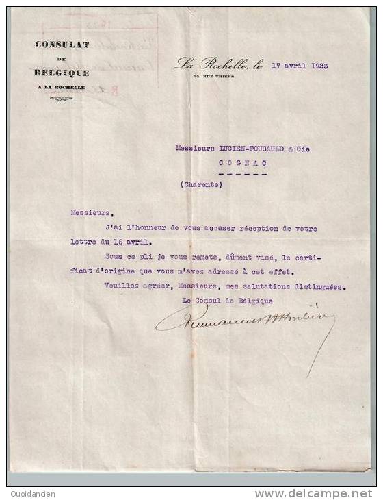 Belle Lettre Du 17/04/1923 - CONSULAT De BELGIQUE - La ROCHELLE - à L. FOUCAULT - COGNAC - Italie