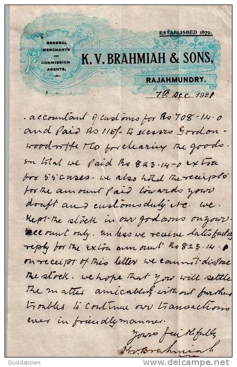 Belle Lettre Du 01/12/1921 - RAJAHMUNDRY - INDE- K. V.  BRAHMIAH & Sons - General Merchants And Commission Agents - Italie